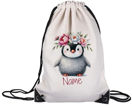 GRAZDesign Personalisiertes Turnbeutel mit Namen - Pinguin Design - Kindergarten Rucksack - Wäschebeutel für Schule & Sport