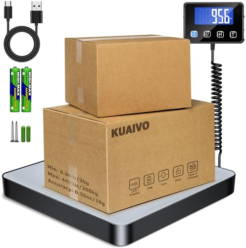 Postal Scales, 200kg/10g High Precision LCD Display Parcel Scales, Parcel Weighing Scales with Hold and Tare Function for Luggage, Package, Warehouse, 2 AAA Batteries and Charging Cable Included