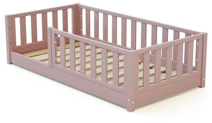 JURABABY SONHO MINI Kinderbett Bodenbett aus Holz 70x140cm Puderrosa | Mit abnehmbarem Seitengitter, Links oder rechts, Mit Lattenrost
