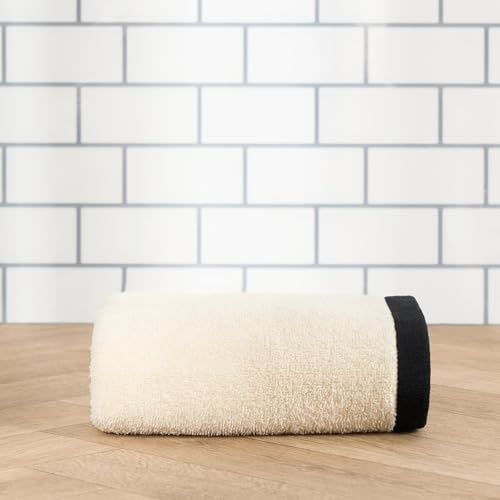 OHS 1 Piece Bath Towel, Ultra Soft 100% Cotton Highly Absorbent Quick-Dry Luxury Cream with Black Trim Bath Towel for Bathroom & Gym Luxury Spa Quality, 70x115cm