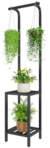 IBUYKE 170cm Hoch Pflanzenständer für Innen Außen, 3 Etagen Metall Hängendes Blumenregal für Mehrere Pflanzen, Pflanzenregal Blumenständer für Wohnzimmer Balkon Garten, Schwarz TMJ076B