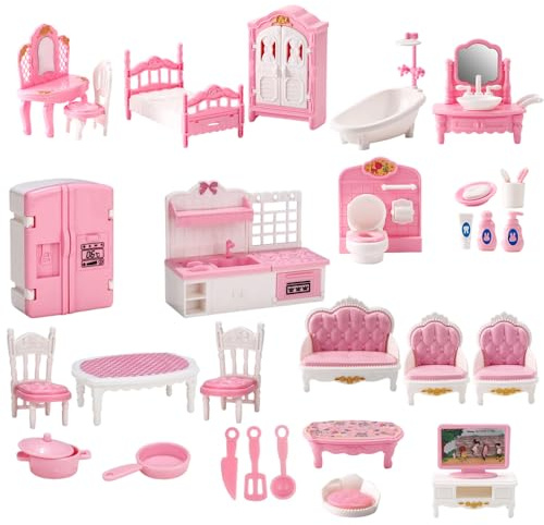 DAJASD 32 Stück Puppenhaus Möbel Set, 1:12 Puppenhaus Zubehör Spielzeug, 4 Zimmer Kit Puppenhaus Holz Spielmöbel mit Schlafzimmer,Badezimmer,Wohnzimmer, Küchenmöbel, für Jungen, Mädchen(Rosa)