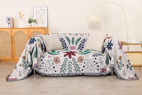 HOORDRY Boho Sofadecke mit Fransen Polybaumwolle 180x230CM | Doppelseitig,Sofabezug 2-3 Sitzer,Dekorative Sofaüberwurf, Sofa Cover mit Blumen Pflanzen Muster