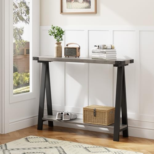 Hapihom Console Table, 110x21x80 cm Hallway Table Slim Hall Telephone Tables with Storage, 2-Tier Farmhouse Narrow Sofa Side Behind Couch Tables with Shelf for Entryway, Living Room, Foyer - Grey