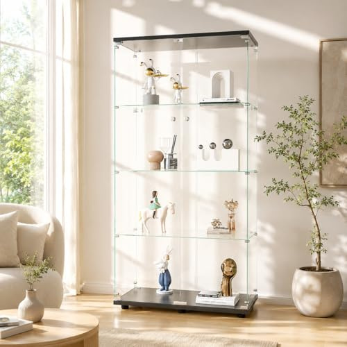 Vetrinetta in Vetro,Vetrinetta Espositiva LED,Vetrina Soggiorno Moderna con 4 Ripiani in Vetro con 2Porta e Serratura,Vetrine per Collezionismo,Vetrina negozio (Nero+Nessun LED, 164x80.5×36.5cm)