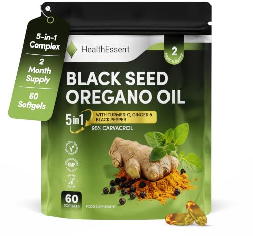 HealthEssent Oregano Oil & Black Seed Oil Capsules Supplement 6500mg 5-in-1 | 5-in-1 Blend: Wild Oregano Oil with Nigella Sativa Black Seed, Turmeric, Ginger, Black Pepper | 95% Carvacrol | 60 Softgels