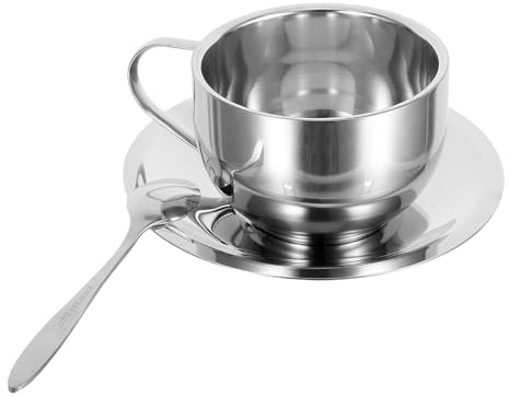 LALADEFIEE Kaffeebecher Stapelbar und Hitzebeständig Doppelwandiger Edelstahl 250ml Isolierter Becher mit Untertasse und Löffel für Heiße Getränke für Nachmittagstee zu Hause