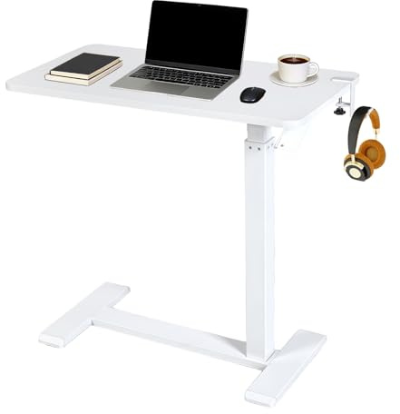 CUPCHID Overbed Table with Wheels, Height Adjustable Bed Table with Gas Spring, Portable Rolling Computer Desk for Home Office, Small Rolling Desk with Hook, Fits Under Sofa/Bed, White