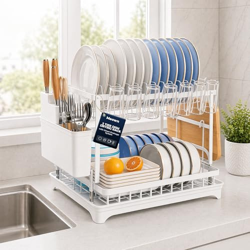 Meown 2 Tier Dish Drainer Rack with Drainage Spout, Plate & Cutlery Holder | Large 2 tier drying space keeps plates, bowls, cups and utensils organised while the drainage system helps keep worktops dry