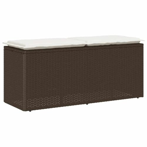 POUFGDR Gartenbank mit braunem Kissen, 110 x 40 x 44 cm, aus Polyrattan, bequeme Sitzbank mit abnehmbarem und waschbarem Bezug, robuster Stahlrahmen für den Außenbereich