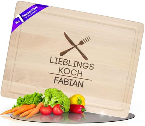Personalisiertes Schneidebrett aus Buchenholz - 40 cm Schneidebrett Holz - Brett inkl. Saftrille - Holzbrett als Geschenkidee mit Motiv & Gravur (Motiv 5 - Lieblingskoch)