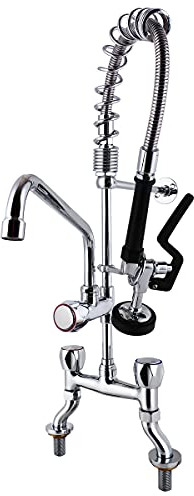 MS Commercial Kitchen Sink Faucet with Sprayer 4-8 Inch Adjustable Center Deck Mount 25'' Height Brass Pre Rinse Unit with Spray Valve and 8 inch Add on Spout Fit for Restaurant Hotel Laundry Sink