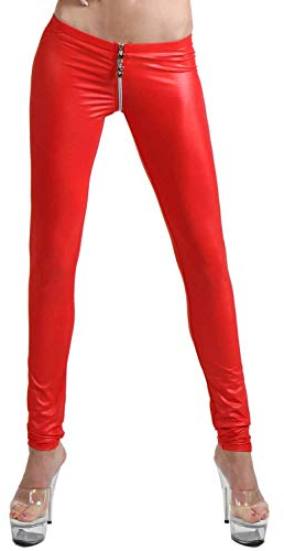 Miss Noir Damen Sexy Leggings im Wetlook Clubwear mit Zwei Wege Reißverschluss, Rot, L/XL