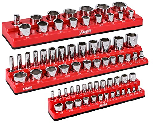 ARES 60035 3-Piece Set SAE Magnetic Socket Organisers - Red - Includes 1/4 in, 3/8 in, 1/2 in Socket Holders - 75 Pieces of Standard (Shallow) and Deep Sockets - Organised Tool Set for Men