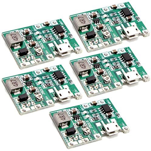 (5 Pack) JacobsParts Micro-USB TP4056 3.7V Battery Charger Module 7W DC UPS with Adjustable Step-up Boost Output 5V 9V 12V 27V
