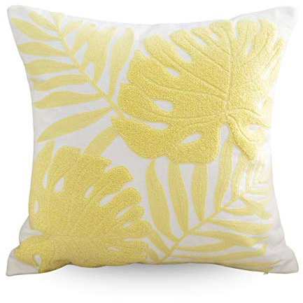 Hodeco Stickerei-Kissenbezug, 45 x 45 cm, Bodenkissenbezug für Couch, Schlafzimmer, Stuhl, 100 % Baumwolle, bestickt, hellgelb, tropische Blätter, quadratisch, 45 x 45 cm, 1 Stück
