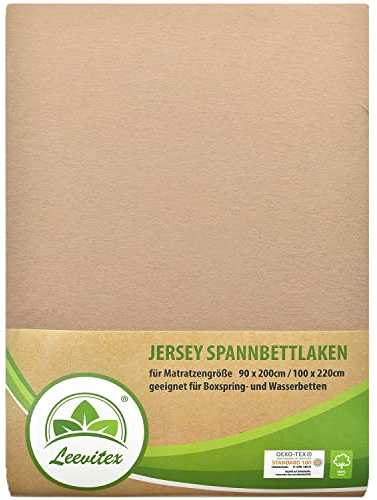 leevitex® Premium Spannbettlaken 90x200-100x220 cm - 40 cm Steg - auch für Boxspringbett & Wasserbett | 100% Mako-Jersey-Baumwolle | ÖKO-TEX | 170g/m² | Sand/Cappuccino