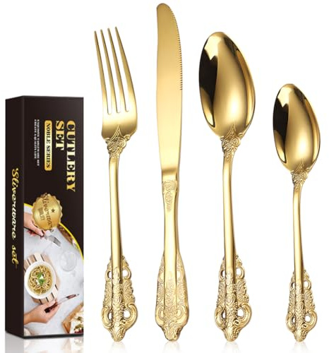 Gold Cutlery Set, Home Safety 24-Piece Flatware Set, Stainless Steel Mirror Polish Silverware Set Service for 6, Includes Table Knives, Forks, Spoons, with Gift Box (Classic Golden)