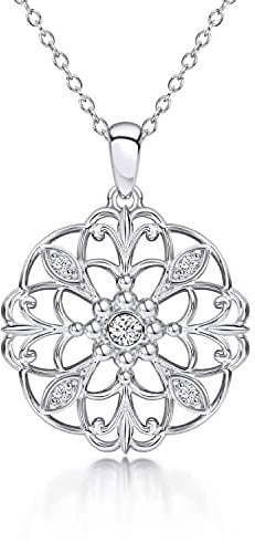 BLING BIJOUX Jewelry Halskette mit rundem floralem Anhänger, filigran, mit Zirkonia-Akzenten, rostfrei, 925er Sterlingsilber, hypoallergen, für Damen und Mädchen, mit atemberaubender Geschenkbox