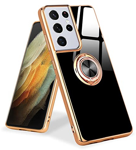 Urarssa Coque Compatible avec Samsung Galaxy S21 Ultra 5G Anneau Noir | Etui Silicone Housse 360°Voiture de Bague Magnétique Protection Case Mince en TPU Souple Antichoc