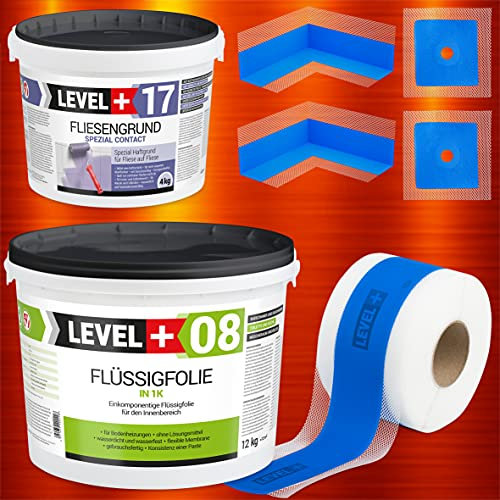 Dichtset Ca10m2 Badabdichtung 12Kg Flüssigfolie, 4kg Fliesengrund, 10m Dichtband, 2 Innenecken, 2 Wandmanschetten, Dusche, Bad, SET337