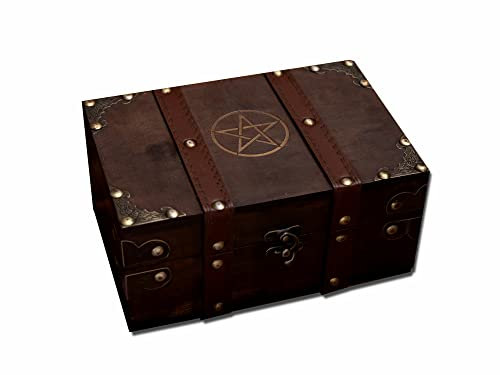 vuagmiv Truhe aus Holz und Leder, Holzkiste mit Pentagramm Gravur und Samtfutter, Aufbewahrungsbox für Wicca-Zubehör und Werkzeuge Aufbewahrungsbox