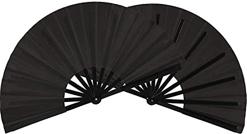 1SourceTek 2 Pcs Large Folding Fan Nylon Cloth Handheld Folding Fan Chinese Kung Fu Tai Chi Fan Decoration Fold Hand Fan for Party Favors (Black)