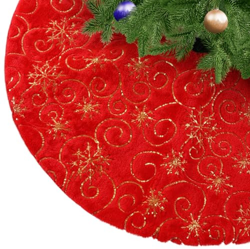 KONVINIT Jupe de Sapin de Noël Rouge - Tapis d'Arbre de Noël en Peluche avec Paillettes Dorées - Décoration Xmas Tree - 78cm/90cm/120cm