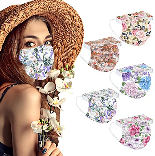 FEINKCCL 50 Stück Frühlings-EinwegMasken für Frauen, Blumen-EinwegMasken mit Design für Erwachsene,Atmungsaktive Stylische Leichte Gesichts_Masken