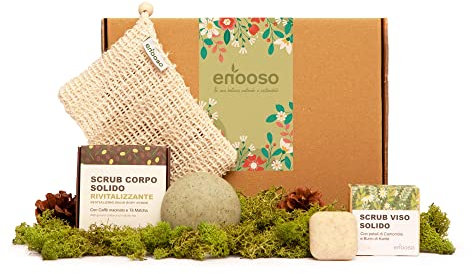 Enooso - Gift Box con 3 prodotti regali Beauty - Scrub Corpo Esfoliante + Detergente Viso Aloe e Camomilla Esfoliante + Porta sapone