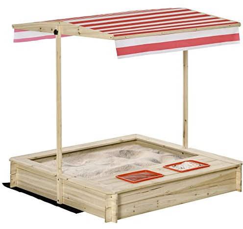 Outsunny Sabbiera per Bambini in Legno con Tettuccio Regolabile in Altezza, Gioco da Giardino con Sedute sui Bordi e Vaschette, 118x118x118cm