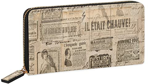Damen Geldbörse Vintage Zeitung Große Kreditkarte Geldbörse Geldbörse Kartenetui Farbig Bedrucktes Leder Reißverschluss Handy Clutch Slim Wallet für Frauen, multi, Leather Zipper