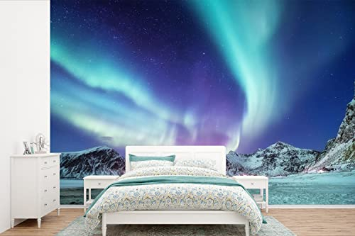 Selbstklebend Tapete Wandpapier Wandaufkleber Fototapete Tapeten Wanddeko 450x300 cm Nordlichter - Schnee - Berg - Norwegen