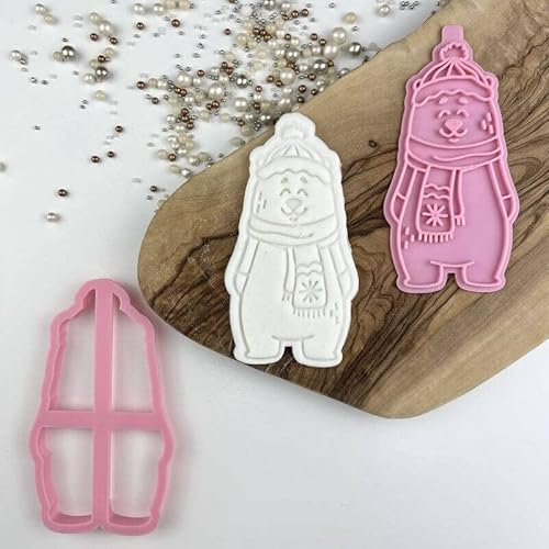 LissieLou Daniel with Christmas Scarf Cookie Cutter and Stamp Christmas Theme Icing Stamp Fondant Embosser - Light Pink