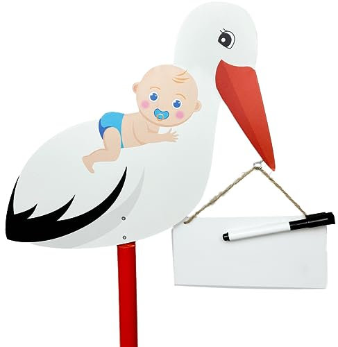 SERRA FÉ Storch Geburt für Draussen | Großer niedliche Holz Klapperstorch für Baby Junge Geschenk | 107 cm hoch Babystorch, beidseitig bedruckt |mit Whiteboard und abwischbarem Stift