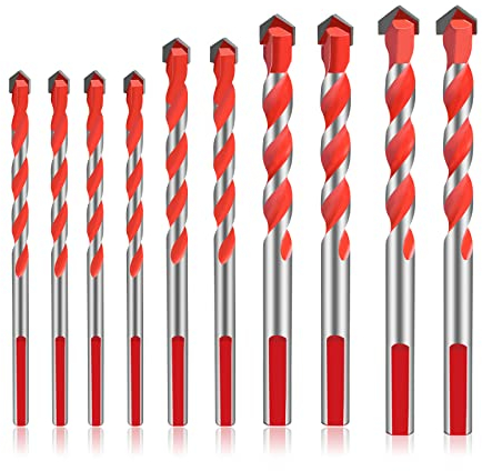 10 Stück Fliesenbohrer Glasbohrer Set, Dreiecksbohrer, Spiralbohrer Betonboher Legierung Bohrer Sets für Beton, Porzellanfliesen, Ziegelmauer, Glas, Kunststoff und Holz