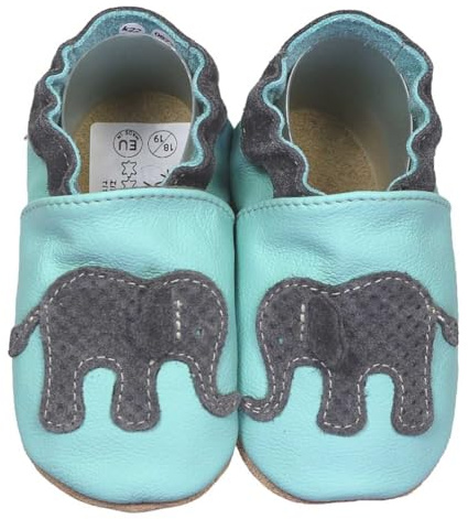 HOBEA-Germany Krabbelschuhe für Jungs und Mädchen in verschiedenen Designs, Kinderhausschuhe Jungen, Lederschuhe, Schuhgröße:16/17, Modell Schuhe: Elefant hellblau
