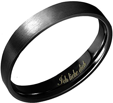 Everstone Damen Matt & Gebürstet 4MM Flach Partnerringe Trauringe Eheringe aus Titan Farbe: Schwarz Lasergravur Ich liebe dich