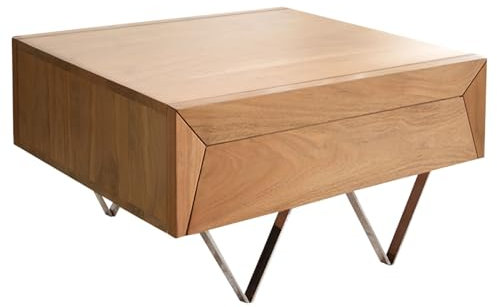 DELIFE Wohnzimmertisch Kayu Akazie Natur 60x60 cm 2 Schübe V-Fuß Edelstahl Couchtisch
