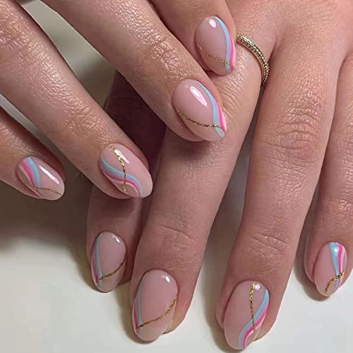 Ceboic 24 Stück Mandel Nägel Zum Aufkleben Kurz, French Colorful Wellen Künstliche Nägel Glossy Glitzer Press on Nails, Wiederverwendbare Oval Falsche Nägel Acryl Fingernägel Fake Nails für Frauen