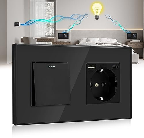 BSEED Lichtschalter mit Steckdose 1 Fach 3 Wege,Wandschalter mit 16A Schuko Steckdose mit USB Anschluss (Max. 2.1A) Typ C Port, Lichtschalter Unterputz Wechselschalter mit Steckdose Schwarz- 157mm