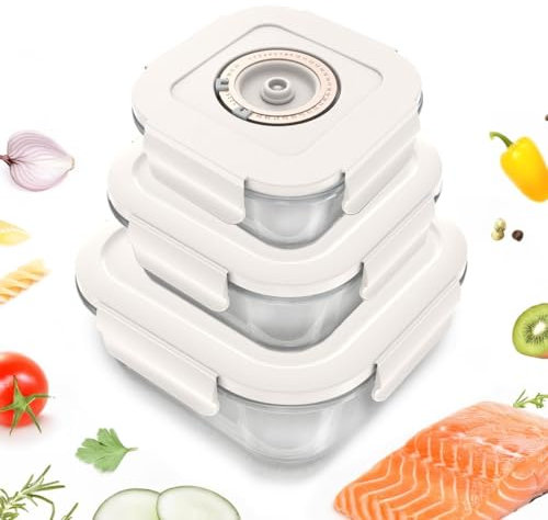 GENIEX Glass Vacuum Containers Set - 3pc Square Vacuum Seal Containers for Food Storage, Meal Prep, Fruit Preservation, and Marinades (0.5L + 0.8L + 1.2L) | Works With Handheld Vacuum Sealer Machine