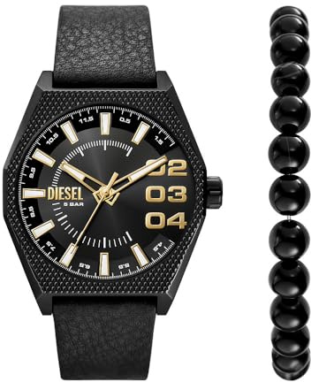 Diesel Scraper Uhr für Herren, Quarz-Dreizeiger-Datumswerk mit Edelstahl- oder Lederarmband