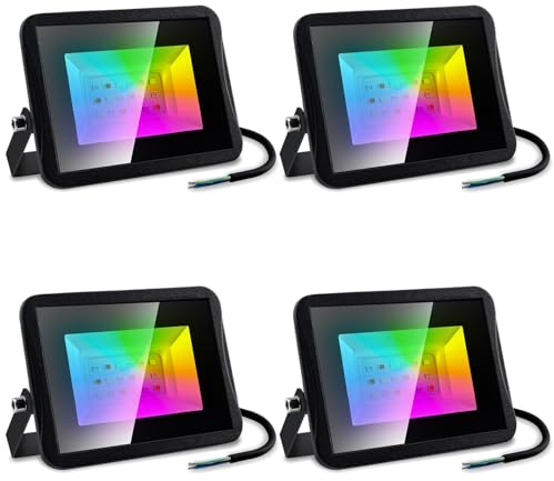 Sonnewelt RGB Strahler LED Strahler Fluter Außen Strahler Außenstrahler Strahler Außen Flutlicht Wasserdicht Superhell Mit Fernbedienung Farbwechsel Außenbeleuchtung, 20W, 4 Stück