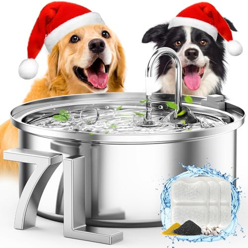 oneisall Fontaine à eau pour chien et chat en acier inoxydable de 7 l avec lumière LED, pompe ultra silencieuse avec protection contre les surcharges, filtration à 5 couches pour grands