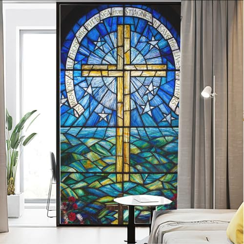 Lumanduo Privacy Window Film Cross Church Stained Glass Static Cling Window Treatments Window Coverings Glass Sticker Decorative Film for Siding Glass Door Home Decor 23.6x35.4(60x90cm)