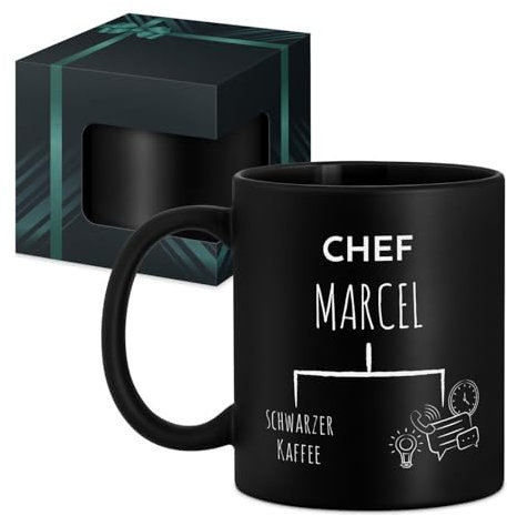 Maverton Keramik Kaffeetasse 330ml mit Gravur - Kaffeebecher mit funktionellem Henkel - personalisierter Keramikbecher für Männer zum Geburtstag zu Weihnachten - matt schwarz - Innen schwarz - Chef