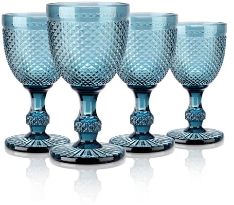 Joeyan Set de 4 Copas de Vino Vintage Azules, 270ml Copas de Vidrio con Relieve Elegantes, Juego de Copas Vino Colores Retro con Pie,para Lavavajillas,para Fiesta Boda o Bautizo