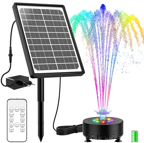 SUJFEE 10W Buntes LED Solar Springbrunnen für Außen mit Akku, DIY Solarbrunnen mit Fernbedienung und Feste Pfähle Solar Teichpumpe mit 21 Effekte Solar Wasserpumpe für Garten,Teich, DIY Wasserspiel