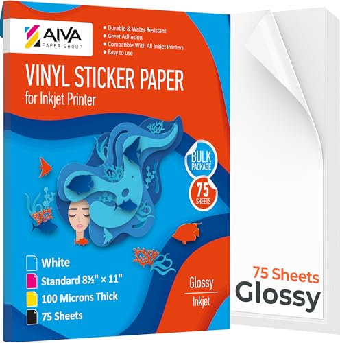 Papel adhesivo de vinilo imprimible, papel adhesivo impermeable para impresora de inyección de tinta, 75 hojas autoadhesivas, blanco brillante, tamaño carta estándar de 8.5 x 11 pulgadas